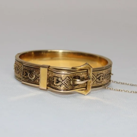 Antique Victorian 10K Gold Filled Enamel Taille D'Epargne Buckle Bangle Bracelet - Picture 1 of 8